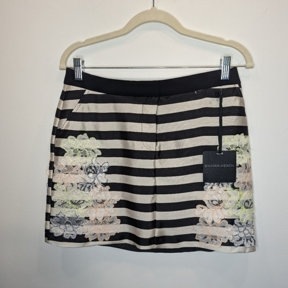 Silvian Heach NWT Stripped Mini Skirt with neon floral embroidered pattern sz XS - Picture 1 of 9